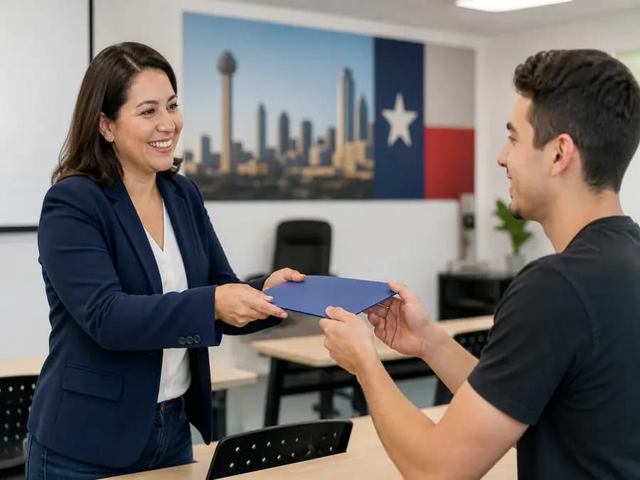 Instructor presenting a completion certificate to a student