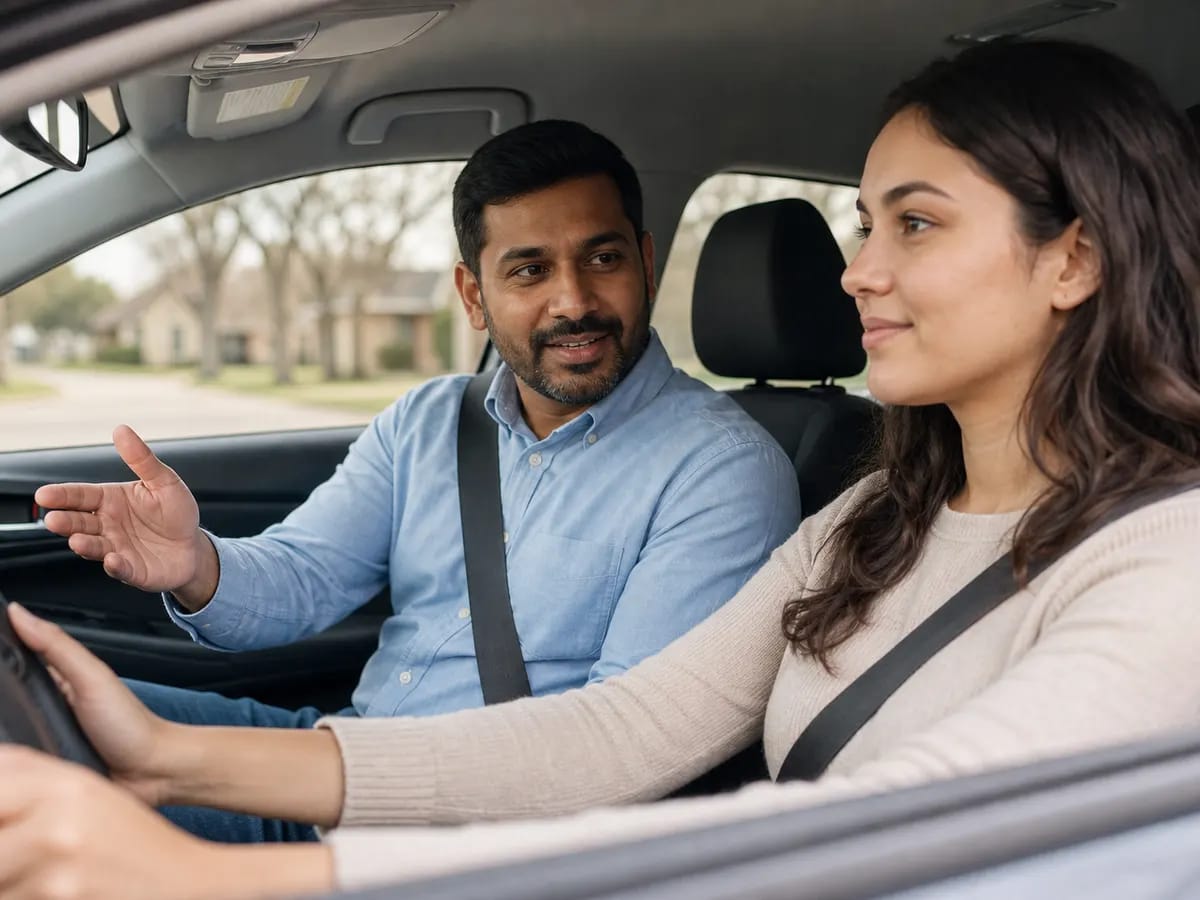 Dallas Defensive Driving School instructor guiding a student during an in-car lesson in Texas